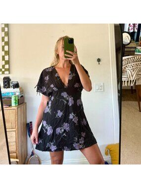 FREE PEOPLE BOHO MINI DRESS BLACK PURPLE WOMENS SIZE 4